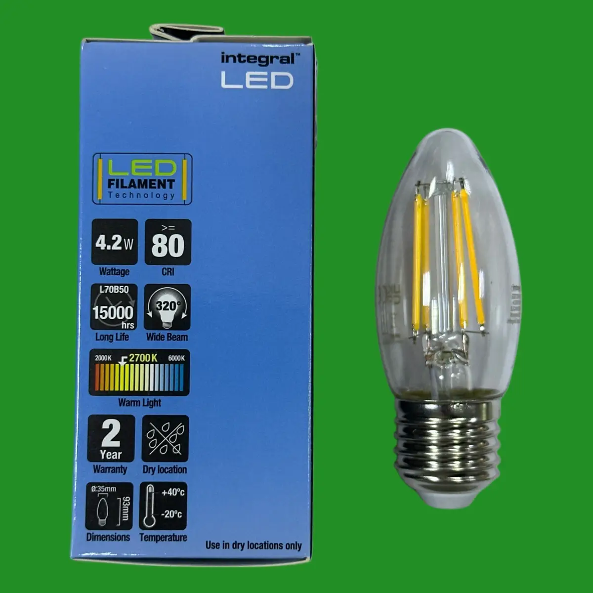 2x 4.2W (=40W) Integral Dimmable LED Filament Clear Candle Light Bulbs ES E27 - image 2 | Free standard UK delivery included | Discount Quality Products