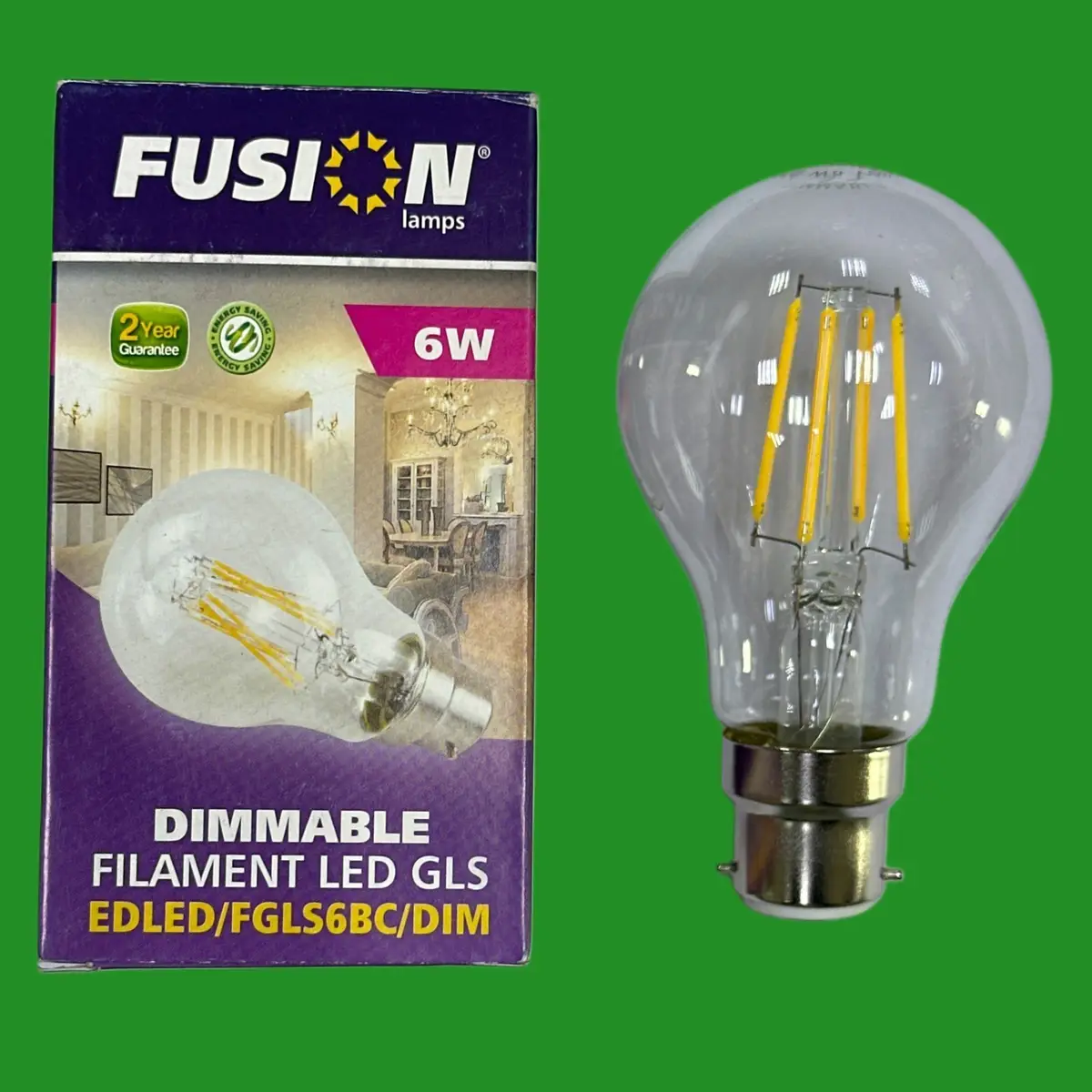 2x 6W (=60W) Fusion Dimmable Clear Filament LED GLS Light Bulbs BC B22 2700K