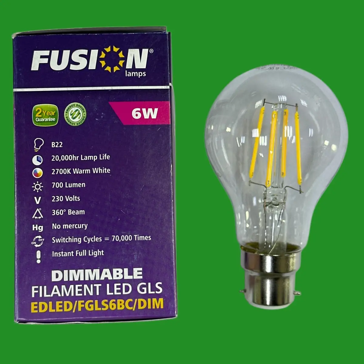 1x 6W (=60W) Fusion Dimmable Clear Filament LED GLS Light Bulbs BC B22 2700K - image 2 | Free standard UK delivery included | Discount Quality Products