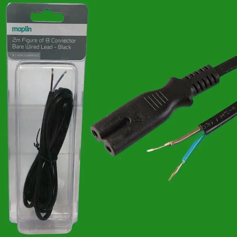 Maplin 2m Bare Wired Black Power Lead / Mains Cable Figure of 8 IEC C7 Connector