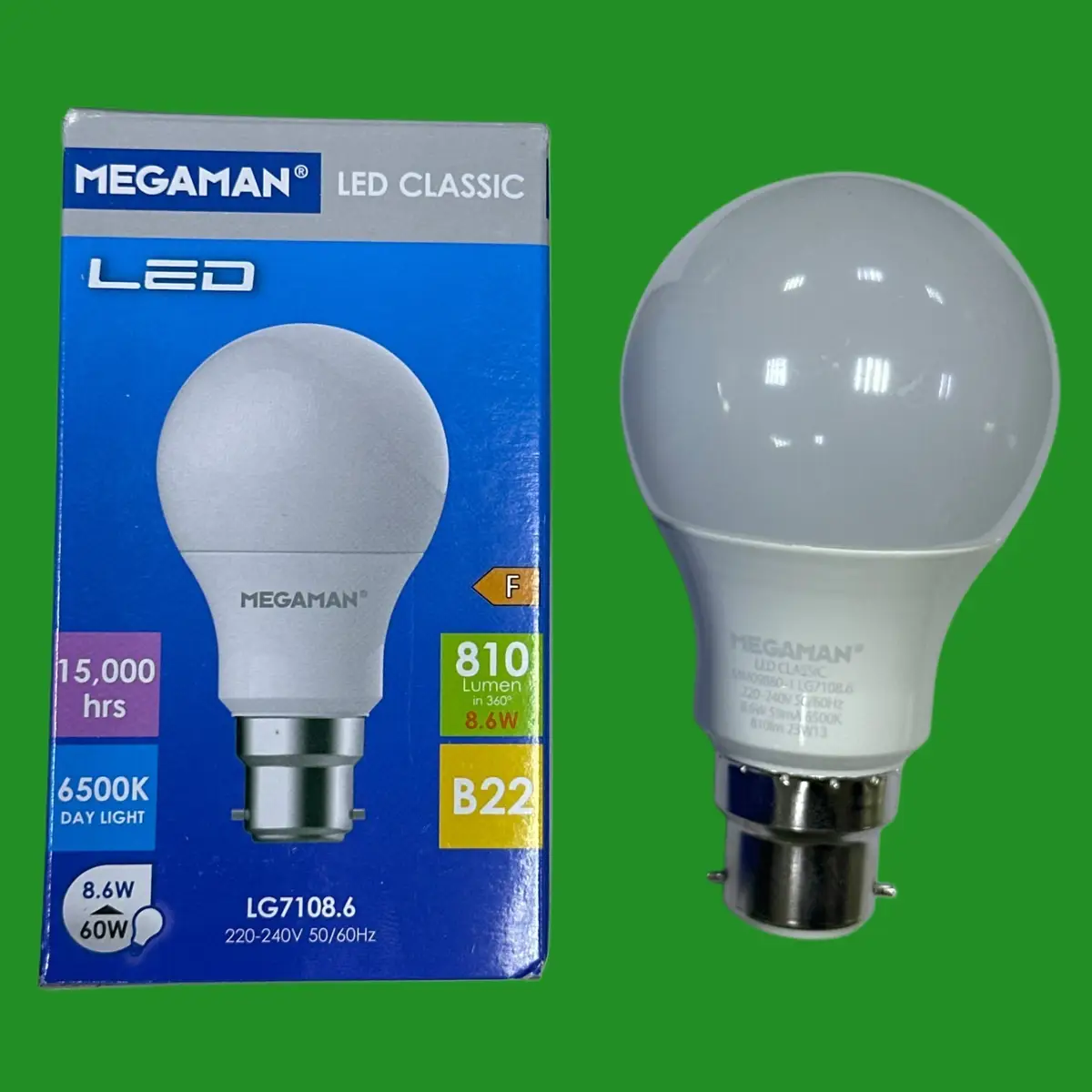 2x 8.6W (=60W) Megaman LED GLS Light Bulbs Bayonet BC B22, 6500K Daylight White