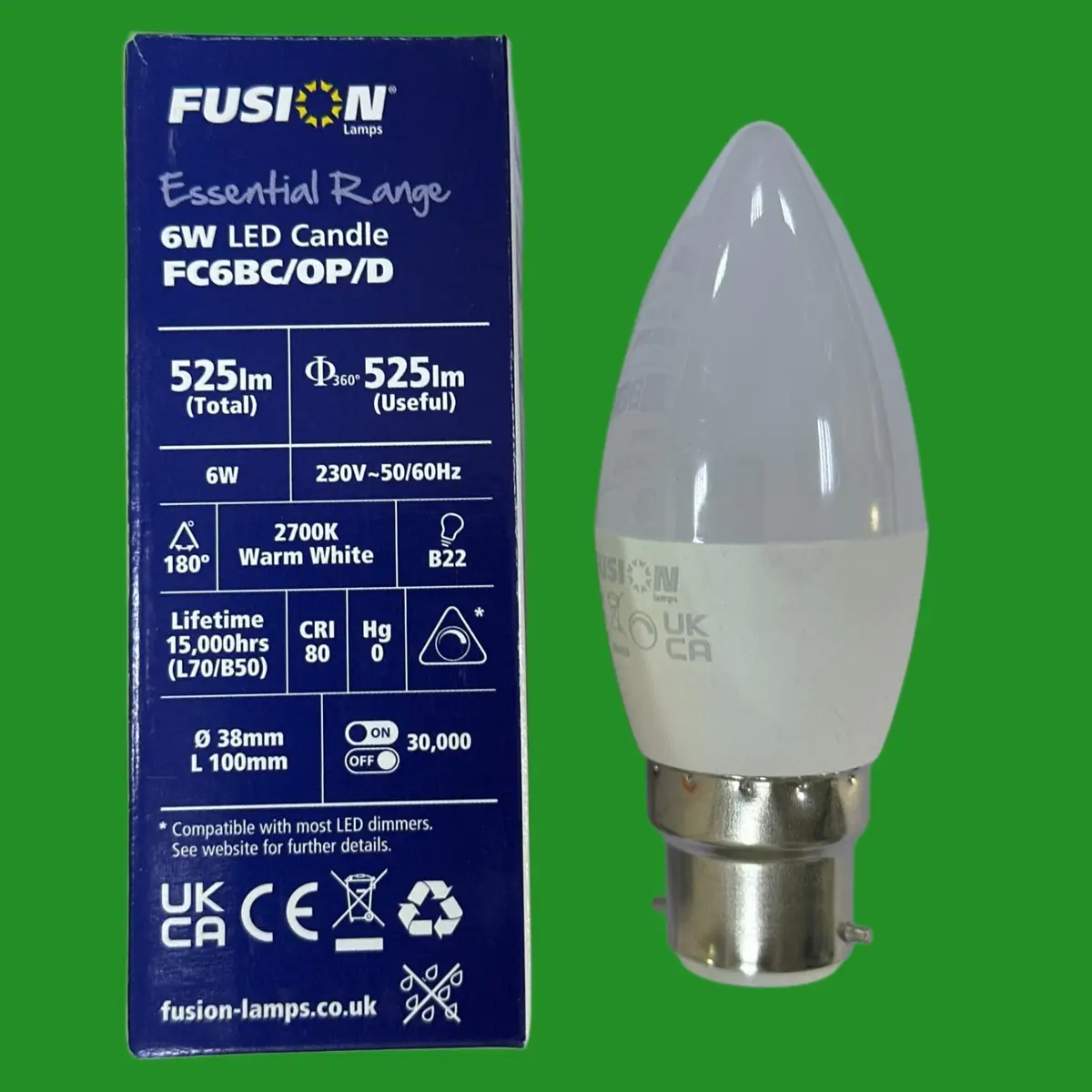 2x 6W (=40W) Fusion Dimmable LED Opal Candle Light Bulbs BC B22 Bayonet 2700K - image 2 | Free standard UK delivery included | Discount Quality Products