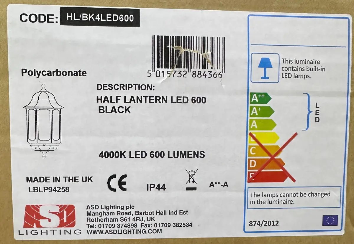 ASD 7.4W LED Black Half Lantern Outside Security Wall Light HL/BK4LED600 4000K - image 2 | Free standard UK delivery included | Discount Quality Products