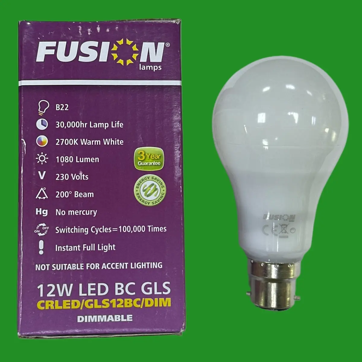 2x 12W (=75W) Fusion Dimmable LED GLS A65 Light Bulbs BC B22 2700K Bayonet Lamps - image 2 | Free standard UK delivery included | Discount Quality Products