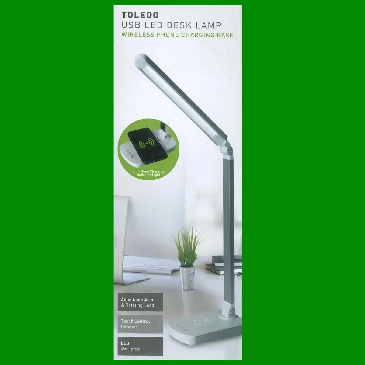 Grey USB LED Desk Lamp, Wireless Phone Charging Base, Touch Control, Adjustable