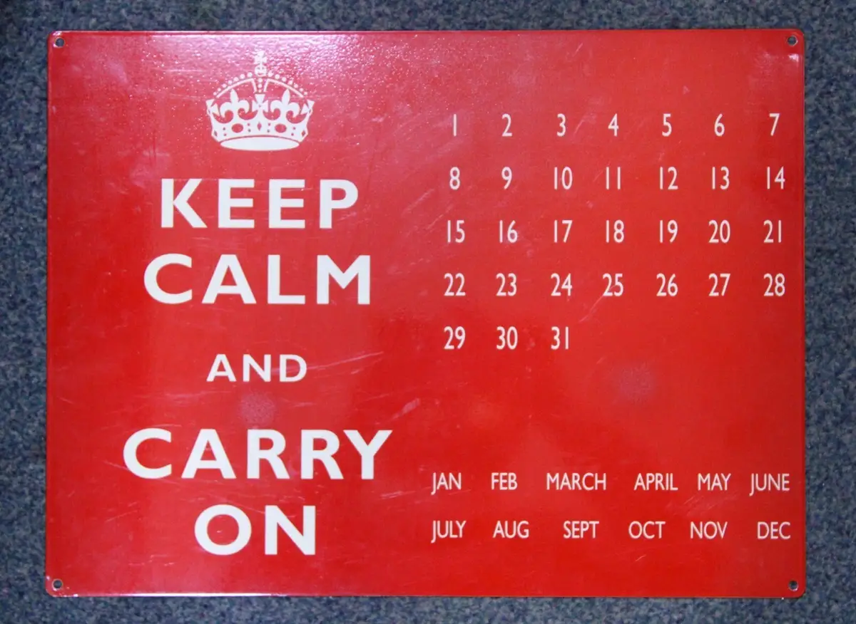 Keep Calm &amp; Carry On Retro Red Metal Enamel Tinplate Perpetual Calendar 40x30cm