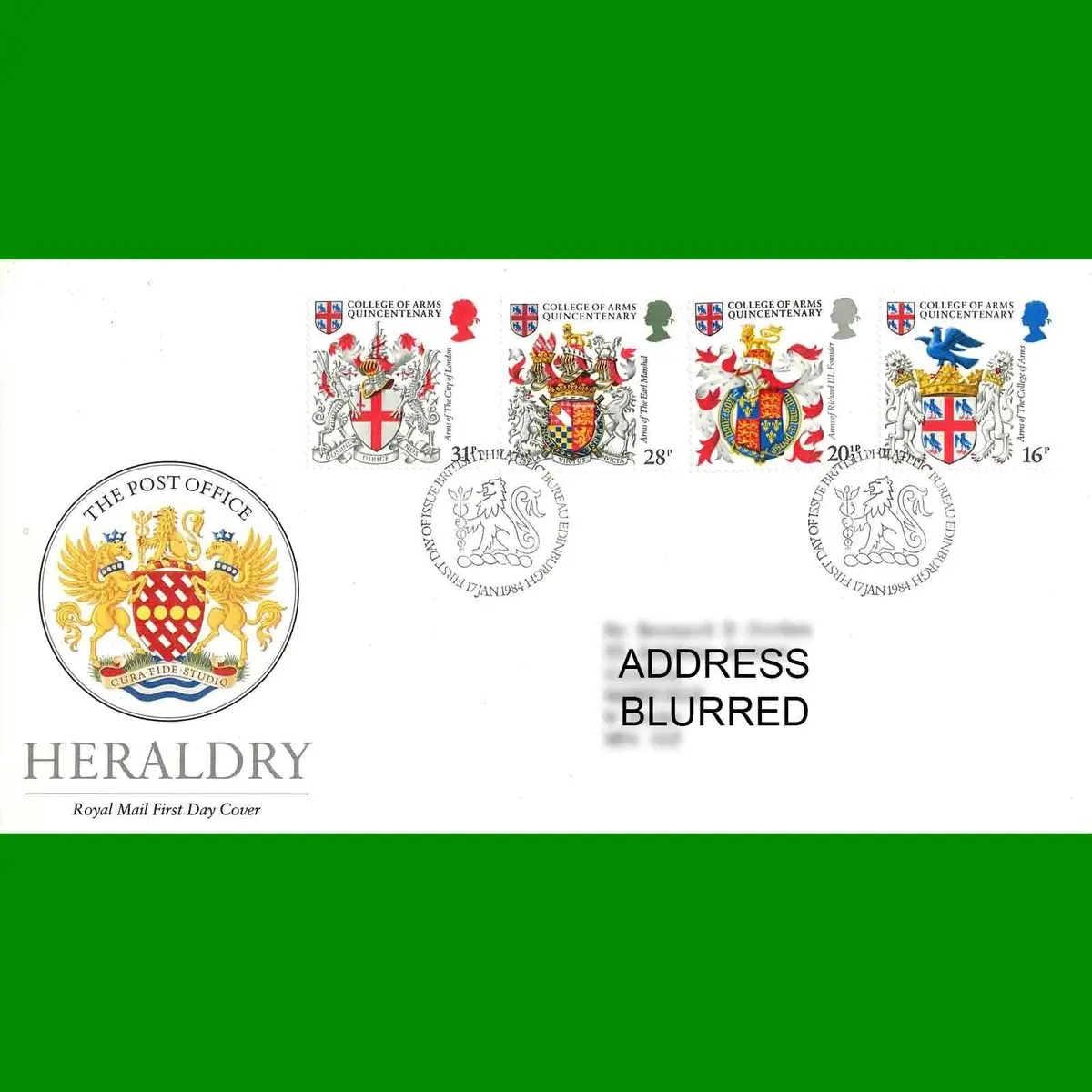 FDC Heraldry 500th Anniversary, Royal Mail First Day Cover Stamps, 17.1.1984