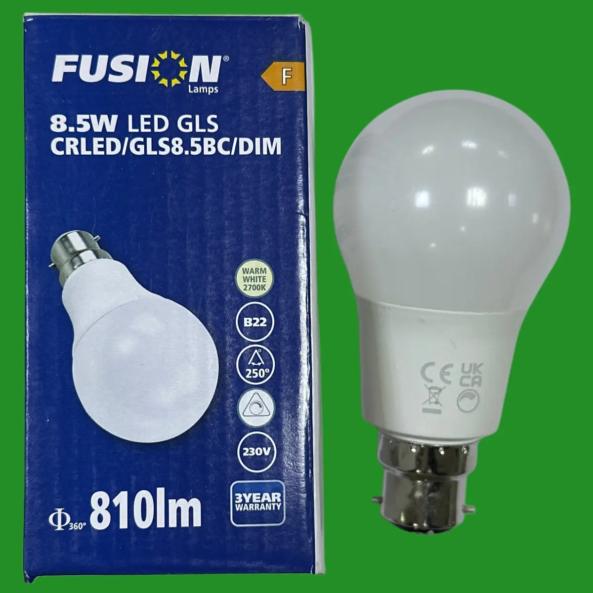 2x 8.5W (=60W) Fusion Dimmable LED GLS A60 Light Bulbs BC B22 2700K Bayonet Lamp