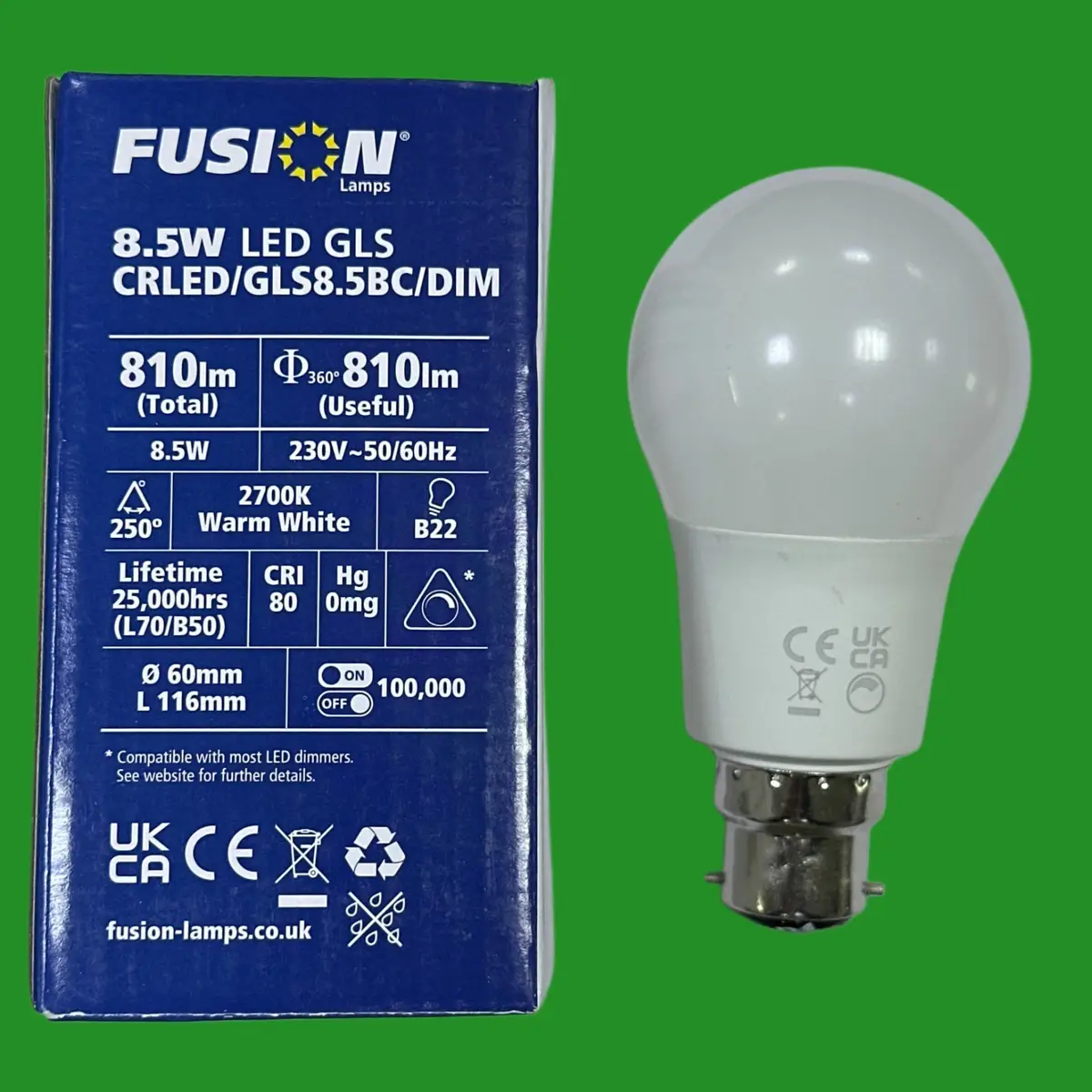 2x 8.5W (=60W) Fusion Dimmable LED GLS A60 Light Bulbs BC B22 2700K Bayonet Lamp - image 2 | Free standard UK delivery included | Discount Quality Products