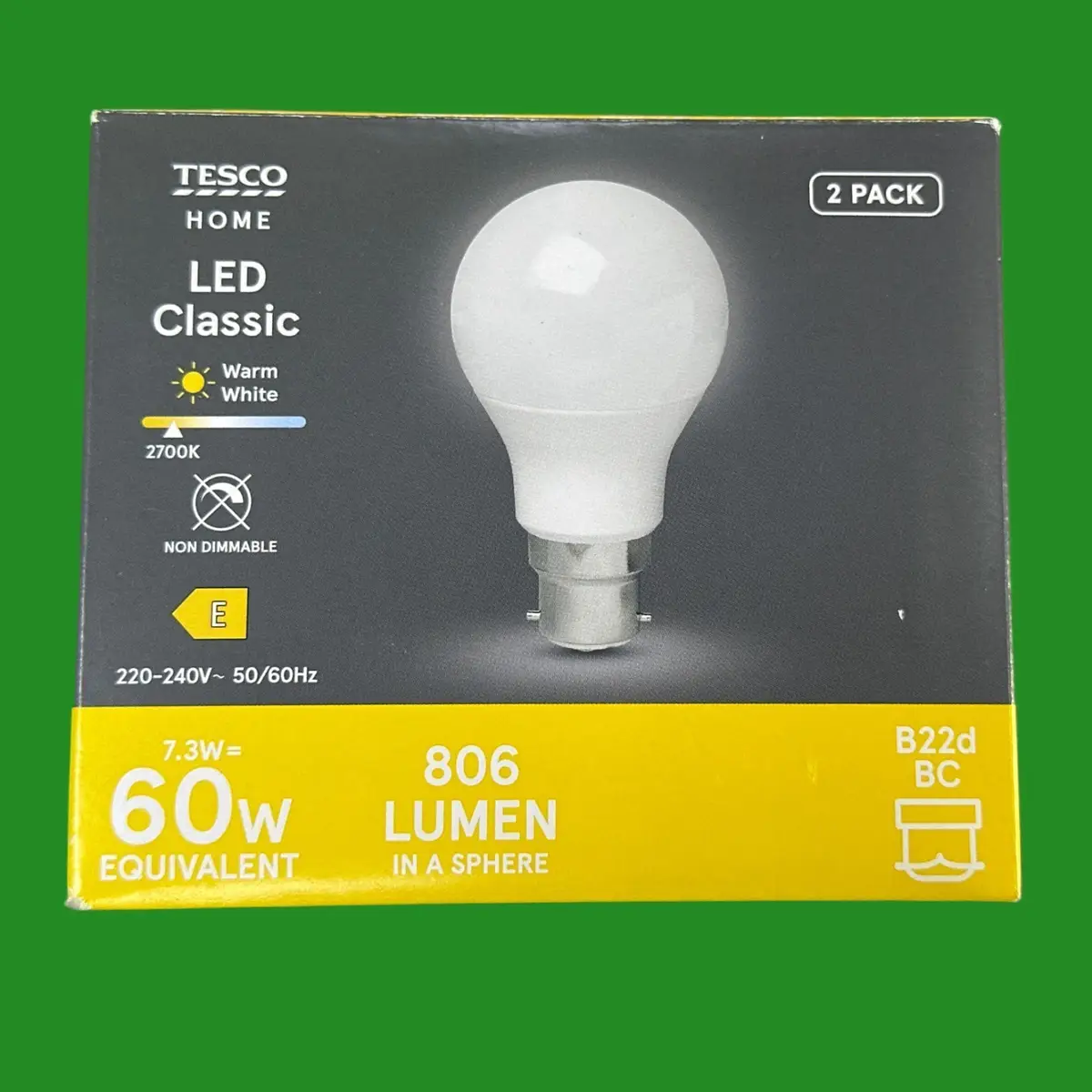 2x 7.3W (=60W) Pearl LED GLS Light Bulbs, BC B22 Bayonet, 2700K Warm White Lamp