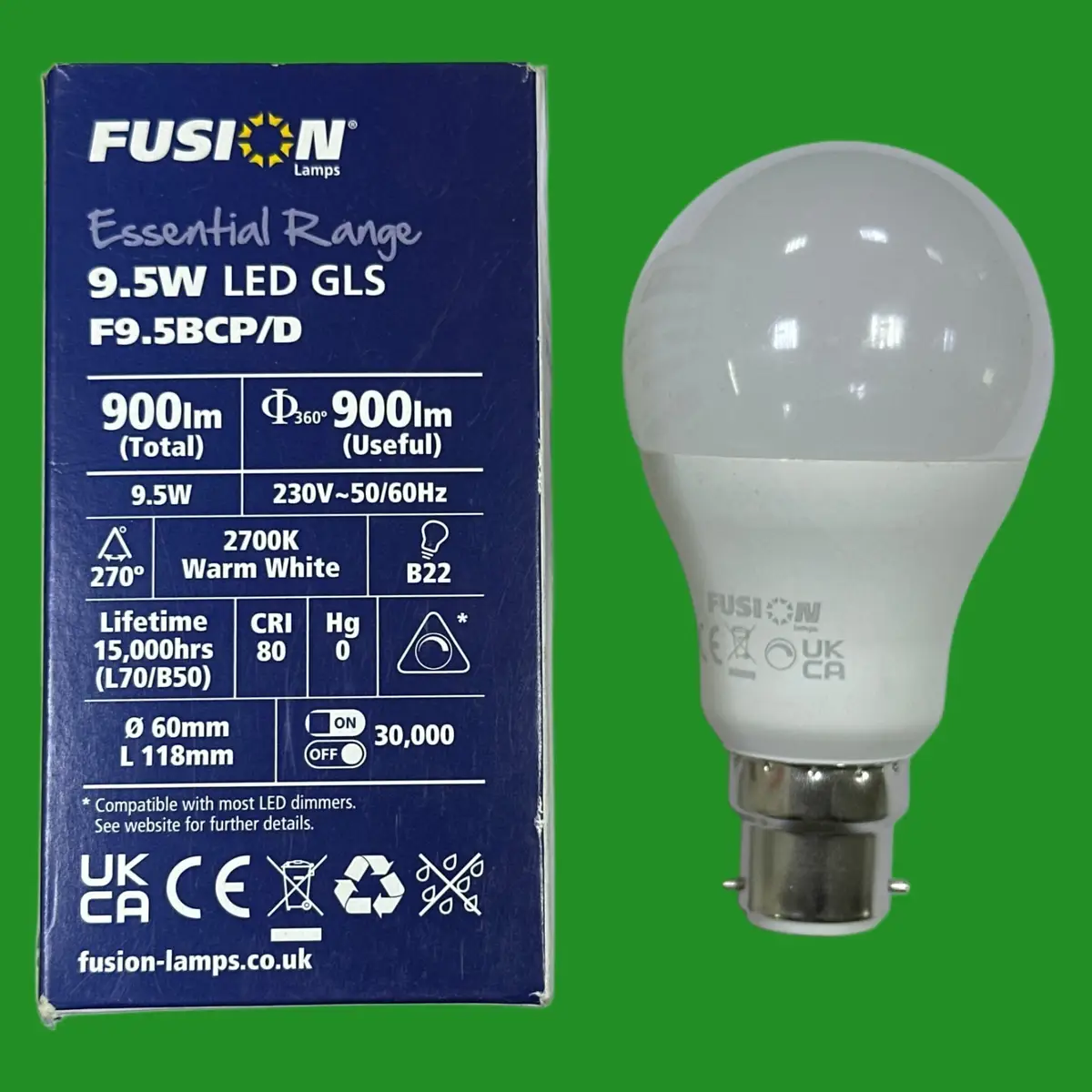 3x 9.5W =60W Fusion Dimmable LED GLS A60 Light Bulbs BC B22 2700K Bayonet Lamps - image 2 | Free standard UK delivery included | Discount Quality Products