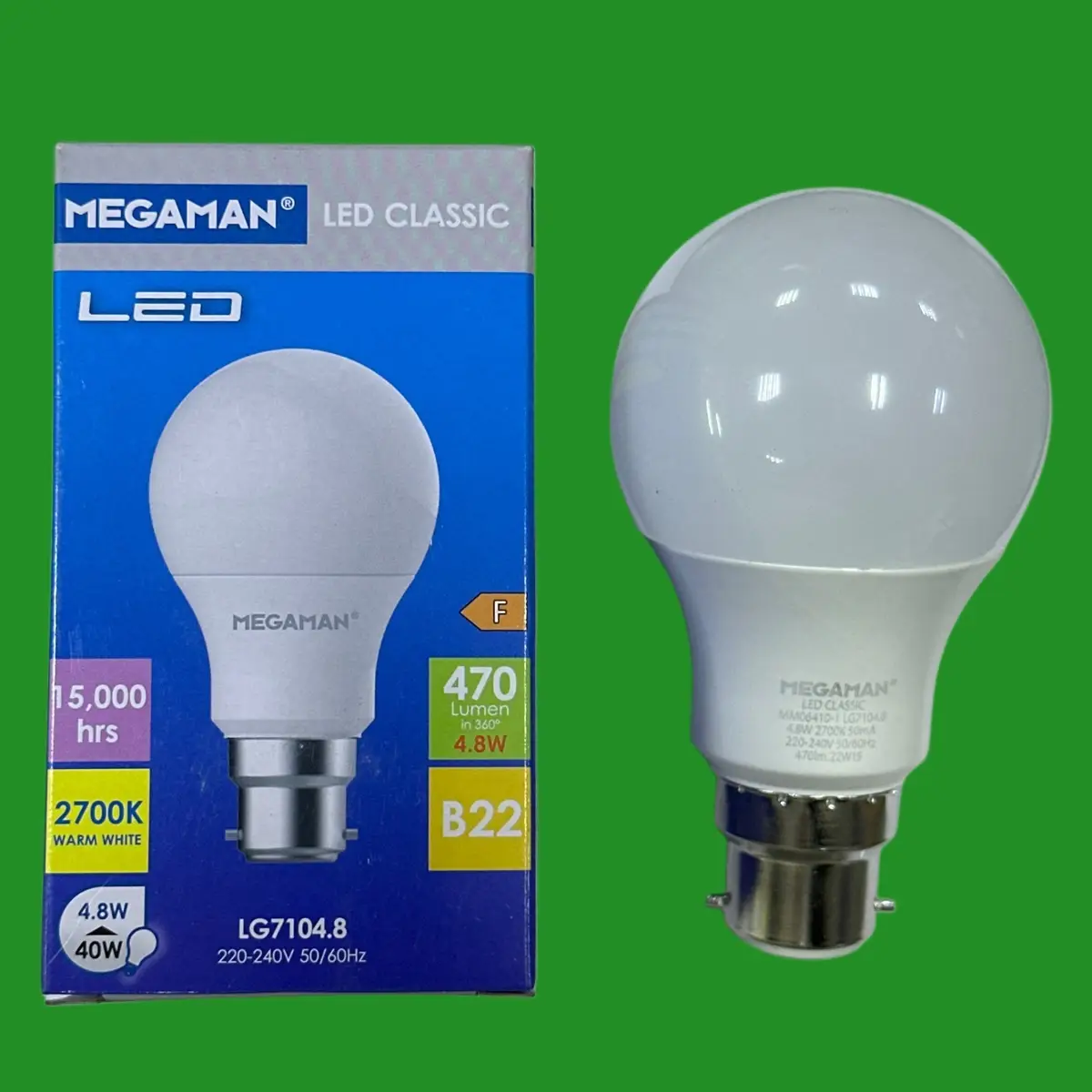 2x 4.8W (=40W) Megaman LED GLS Light Bulbs Bayonet BC B22, 2700K Warm White Lamp