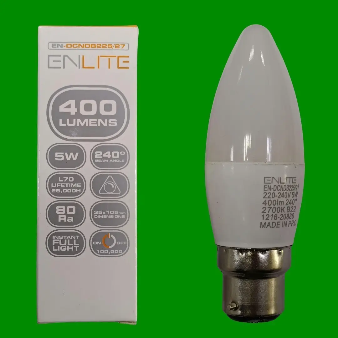 1x 5W Enlite LED Candle Light Bulb Bayonet BC B22 Warm White 2700K Dimmable Lamp