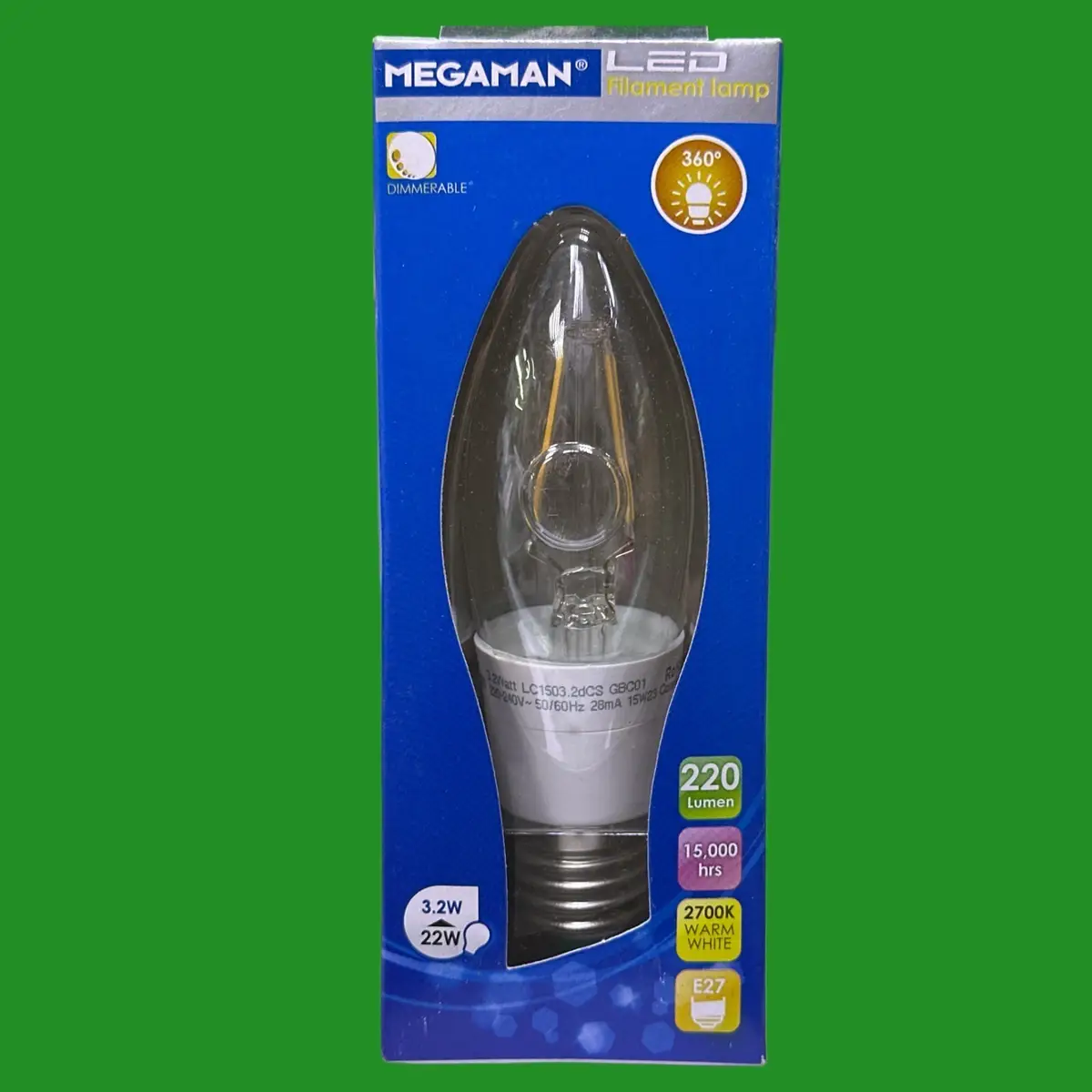 2x 3.2W Megaman Dimmable LED Filament Clear Candle Light Bulbs ES E27 Screw