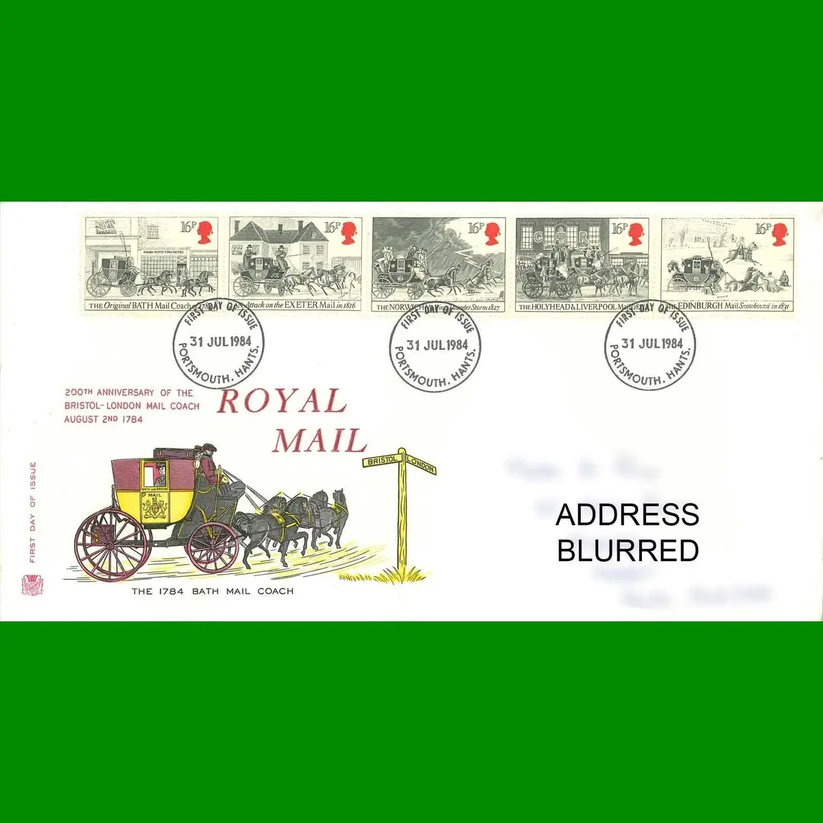 FDC First Mail Coach Run Bicentenary Royal Mail First Day Cover Stamps 31.7.1984