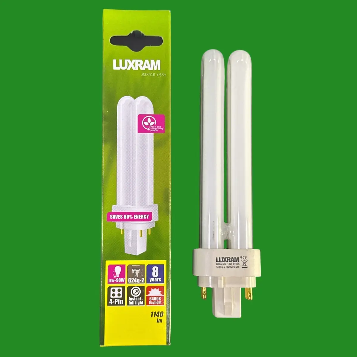 1x 18W Luxram G24q-2 4 pin CFL PL Light Bulbs 6400K Daylight Low Energy Lamp