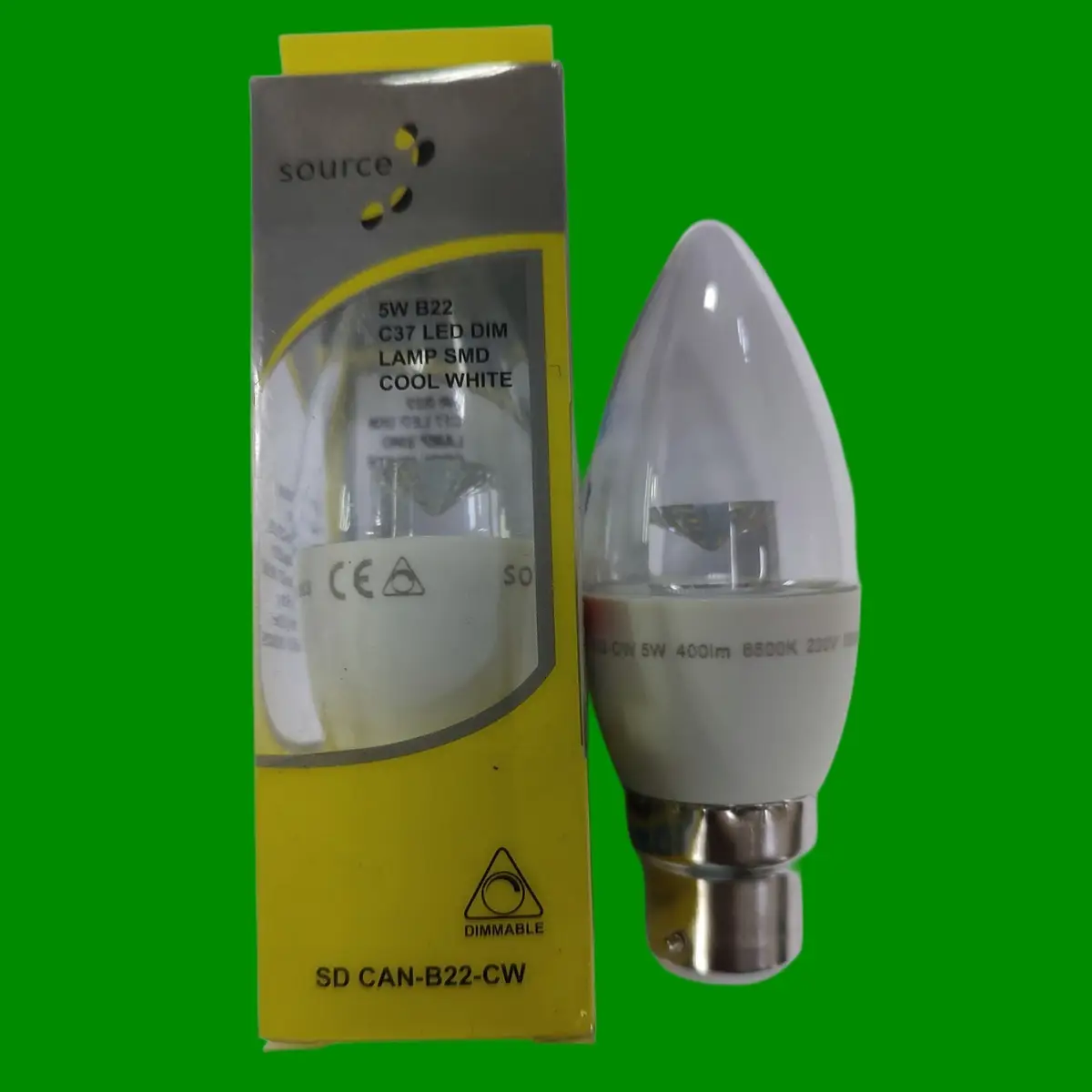 2x 5W (=40W) LED Clear Dimmable Candle Light Bulb 6500K Daylight White BC B22
