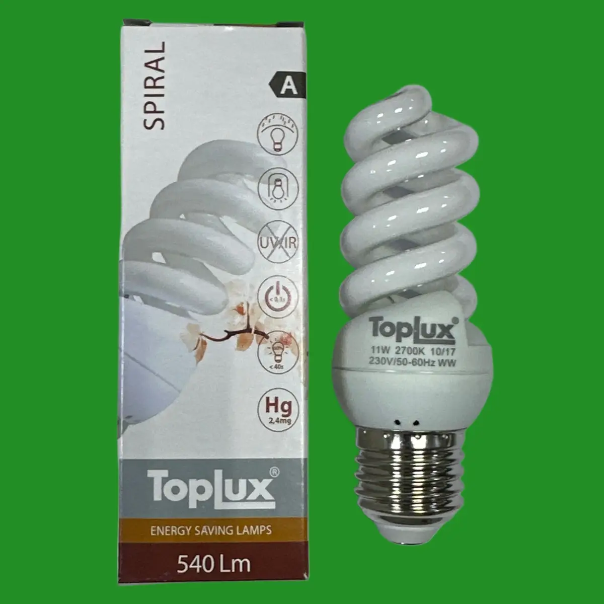2x 11W (=50W) Toplux CFL Spiral Light Bulb Edison Screw ES E27 2700K Warm White