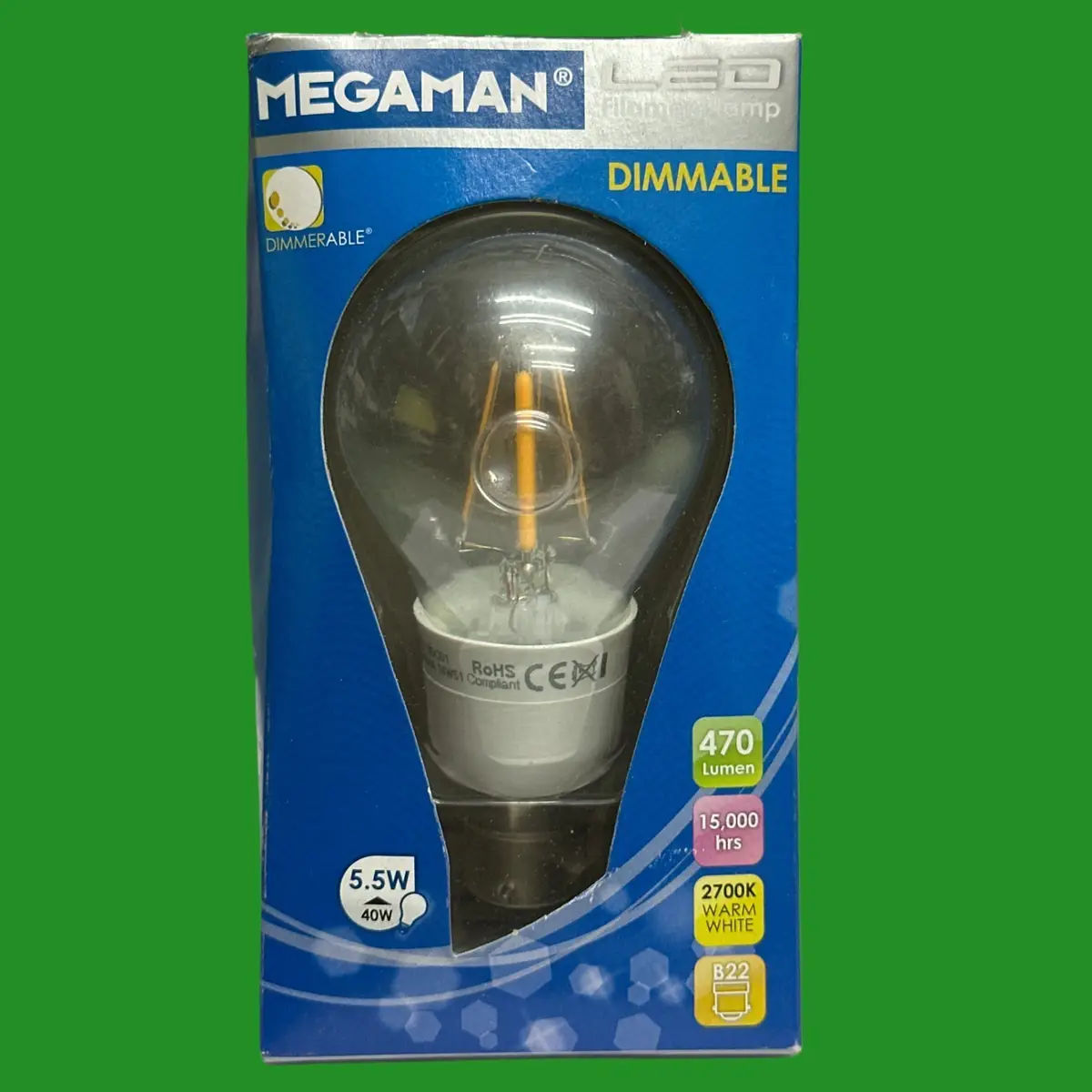 5.5W (=40W) Megaman Dimmable LED Filament GLS Light Bulbs Bayonet BC B22 2700K
