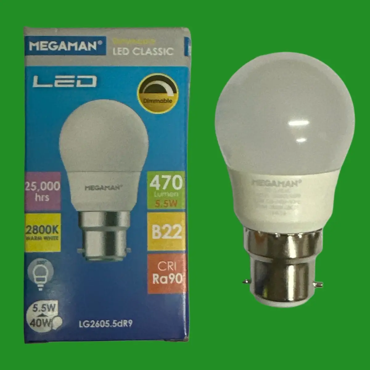 3x 5.5W (=40W) Megaman Dimmable LED Round Golf Light Bulbs Bayonet BC B22 2800K
