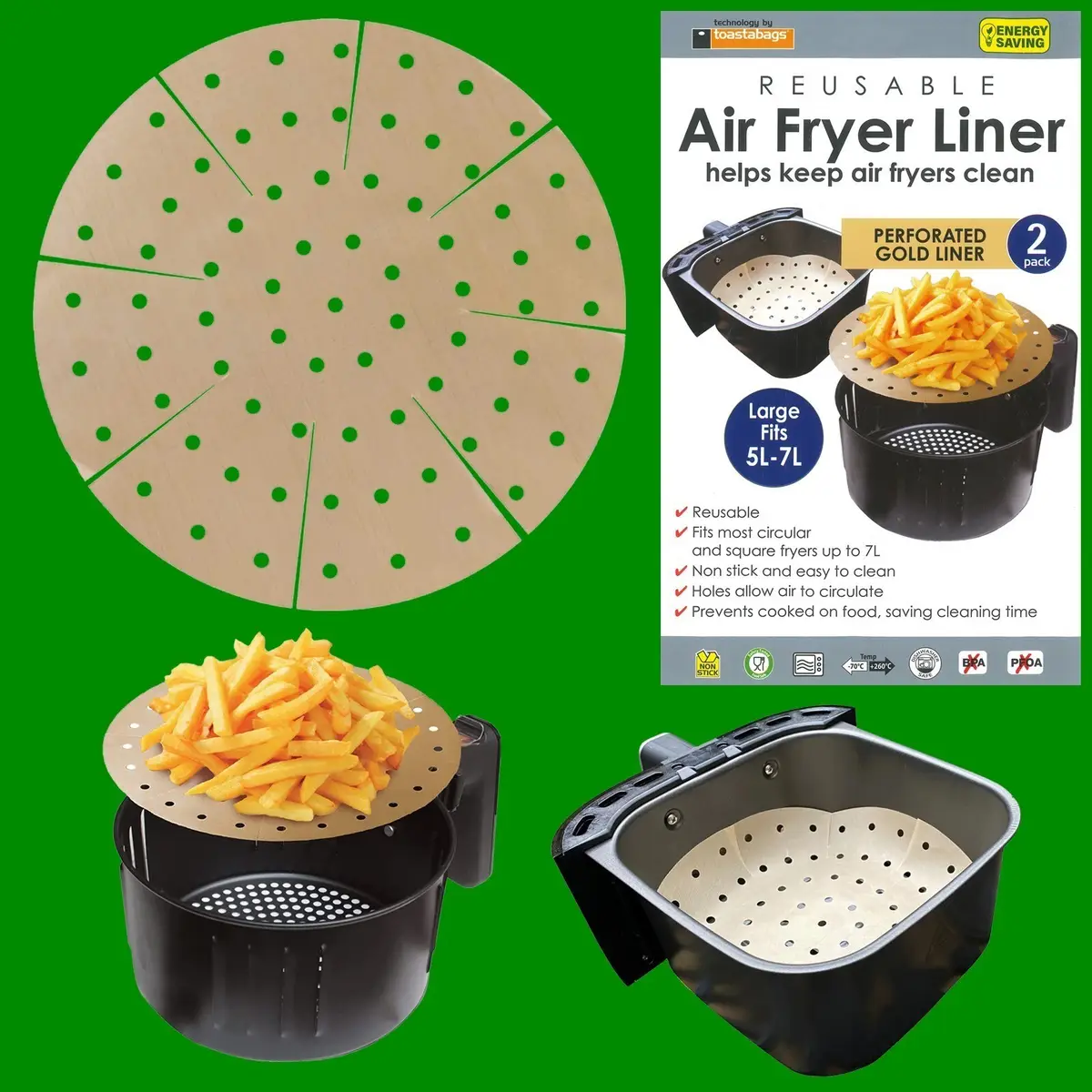 2x Reusable Non-Stick Round Perforated Gold Air Fryer Liner, Up to 7L Easy Clean