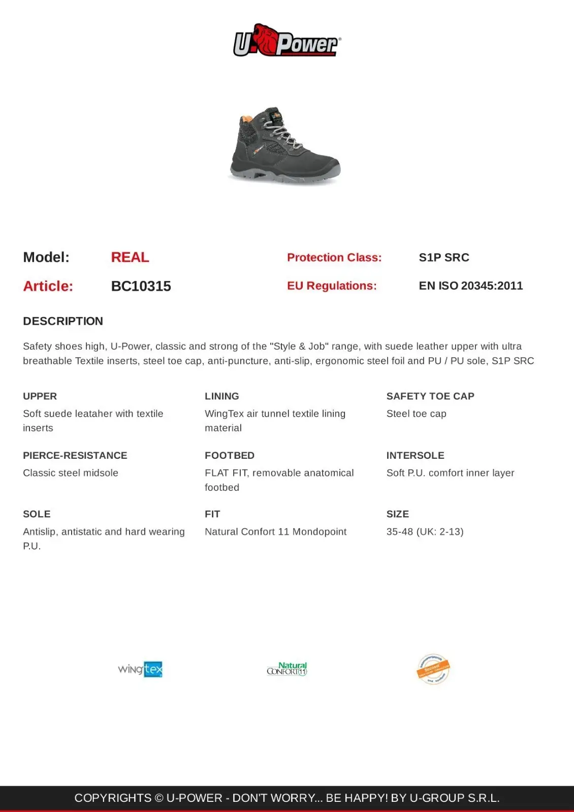 U-Power Real S1P SRC Steel Top Cap Safety Unisex Work Shoe Boots UK 5 BC10315 - image 11 | Free standard UK delivery included | Discount Quality Products