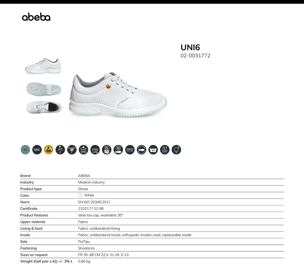 Abeba 31772 White Unisex S2 ESD Steel Toe Cap Safety Medical Shoe Trainer UK 9.5 - image 10 | Free standard UK delivery included | Discount Quality Products