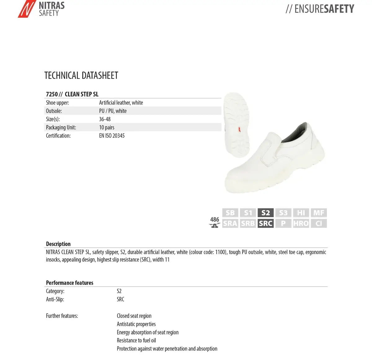 Nitras 7250 White Unisex Steel Toe Cap S2 Safety Medical Shoe Slippers UK 10.5 - image 8 | Free standard UK delivery included | Discount Quality Products