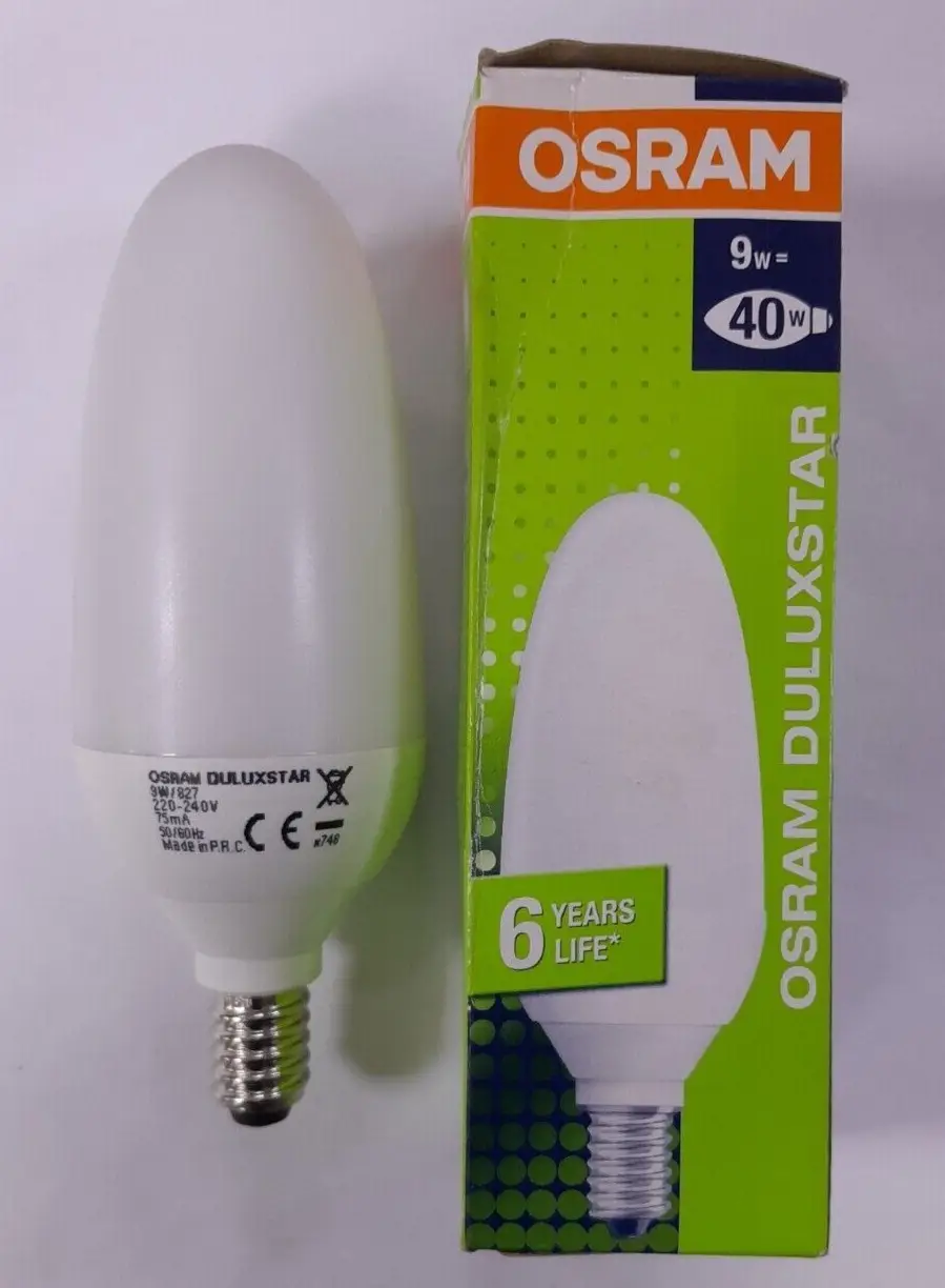 1x 9W (=40W) Osram Low Energy Power Saving CFL Candle Light Bulbs SES E14 Lamps