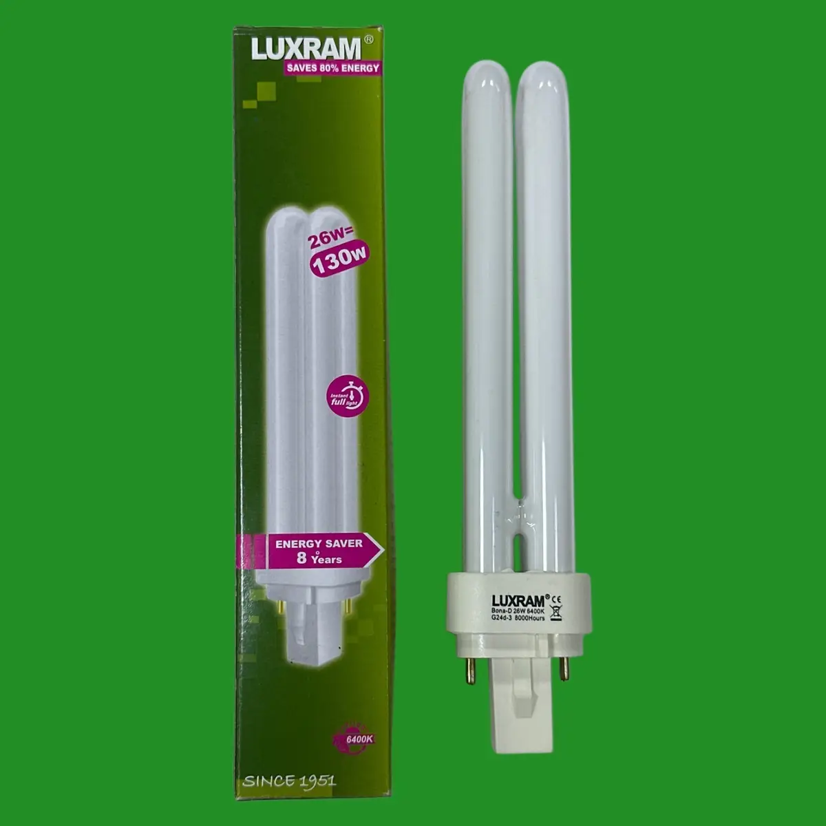 1x 26W Luxram G24d-3 2 pin CFL Light Bulbs 6400K Low Energy PL PLC Daylight Lamp