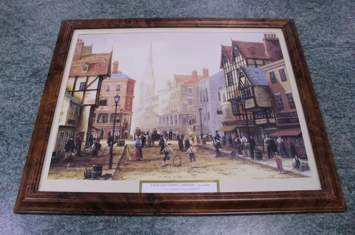 15.5" Framed Landscape Art Print, Eastgate Street Chester Circa 1840, Home Decor