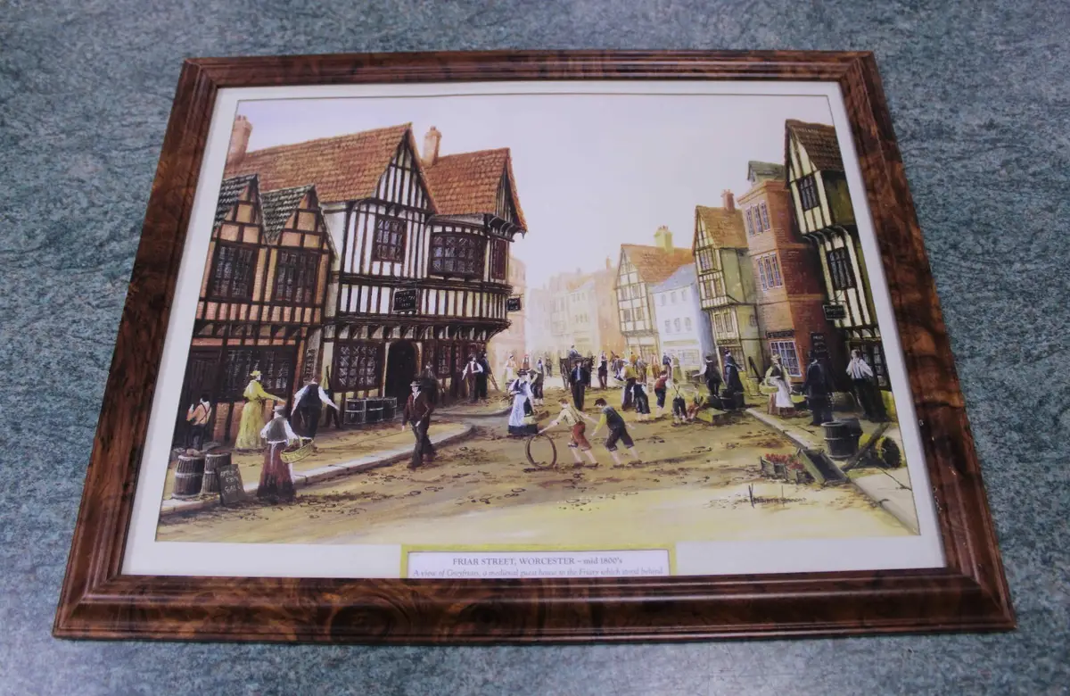 15.5" Framed Landscape Art Print, Friar Street Worcester Mid 1800's, Home Decor