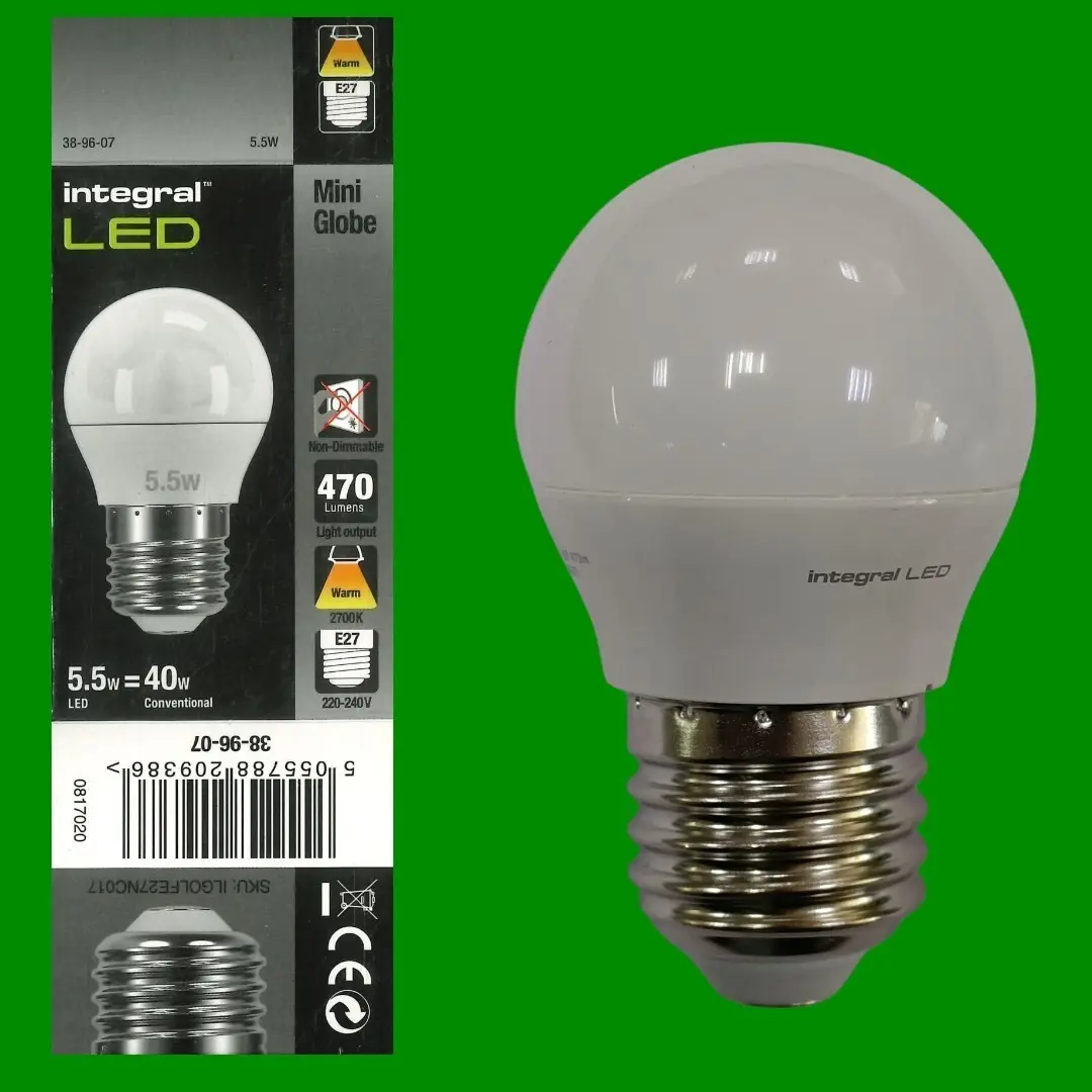5.5W (=40W) Integral LED Golf G45 Round 2700K Warm White Light Bulb, ES E27 Lamp