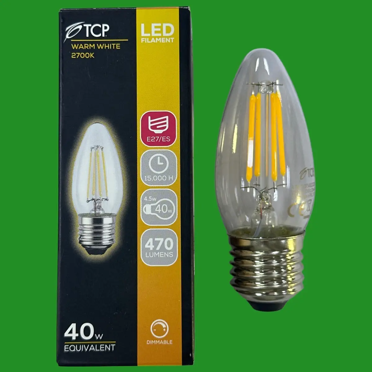 2x 4.5W (=40W) TCP Dimmable LED Filament Clear Candle Light Bulb ES E27 Screw