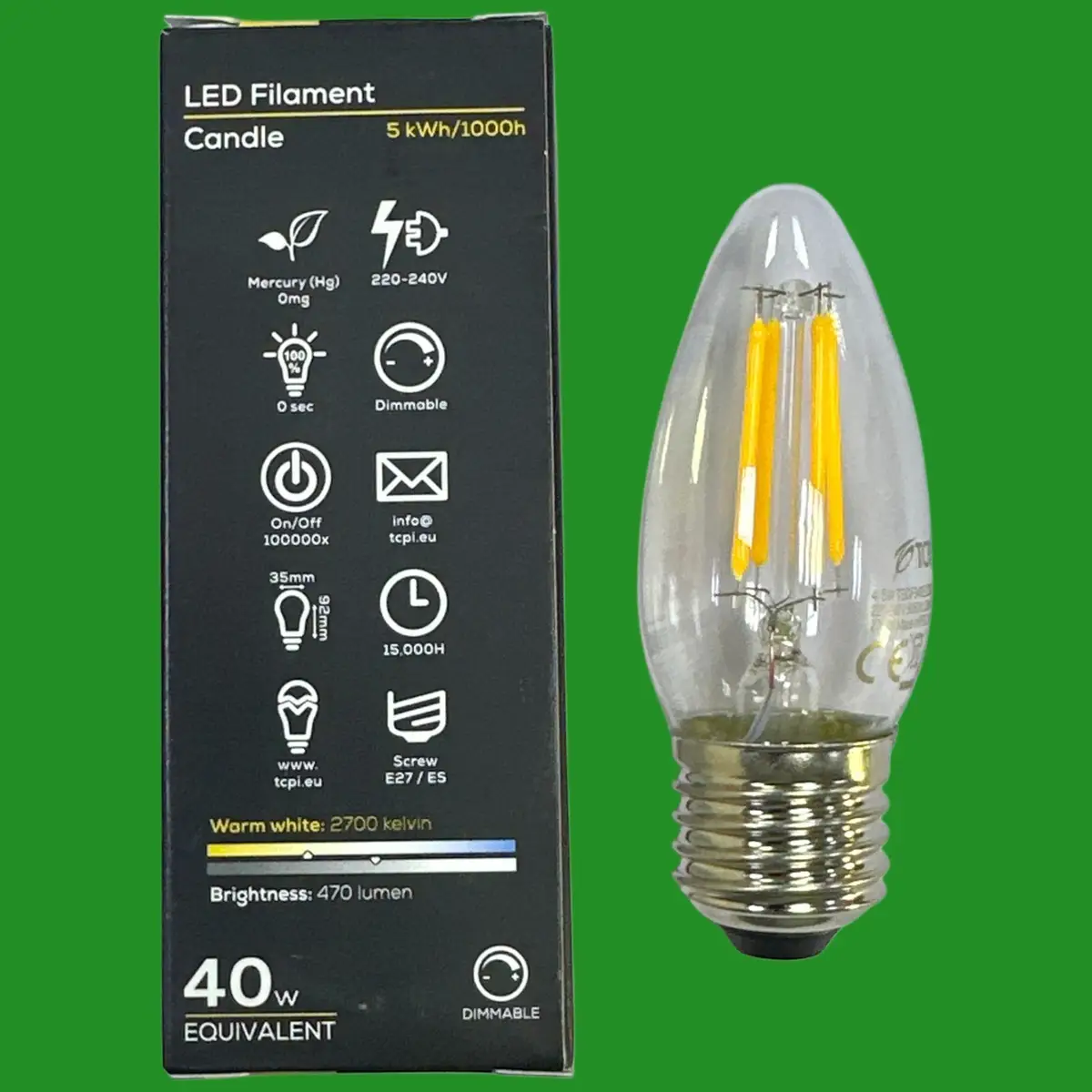 2x 4.5W (=40W) TCP Dimmable LED Filament Clear Candle Light Bulb ES E27 Screw - image 2 | Free standard UK delivery included | Discount Quality Products