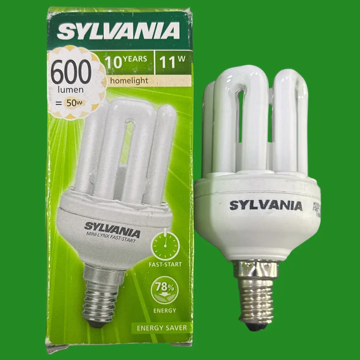 6x 11W (=50W) Sylvania CFL Mini Stick 2700K Low Energy Light Bulbs SES E14 Lamp