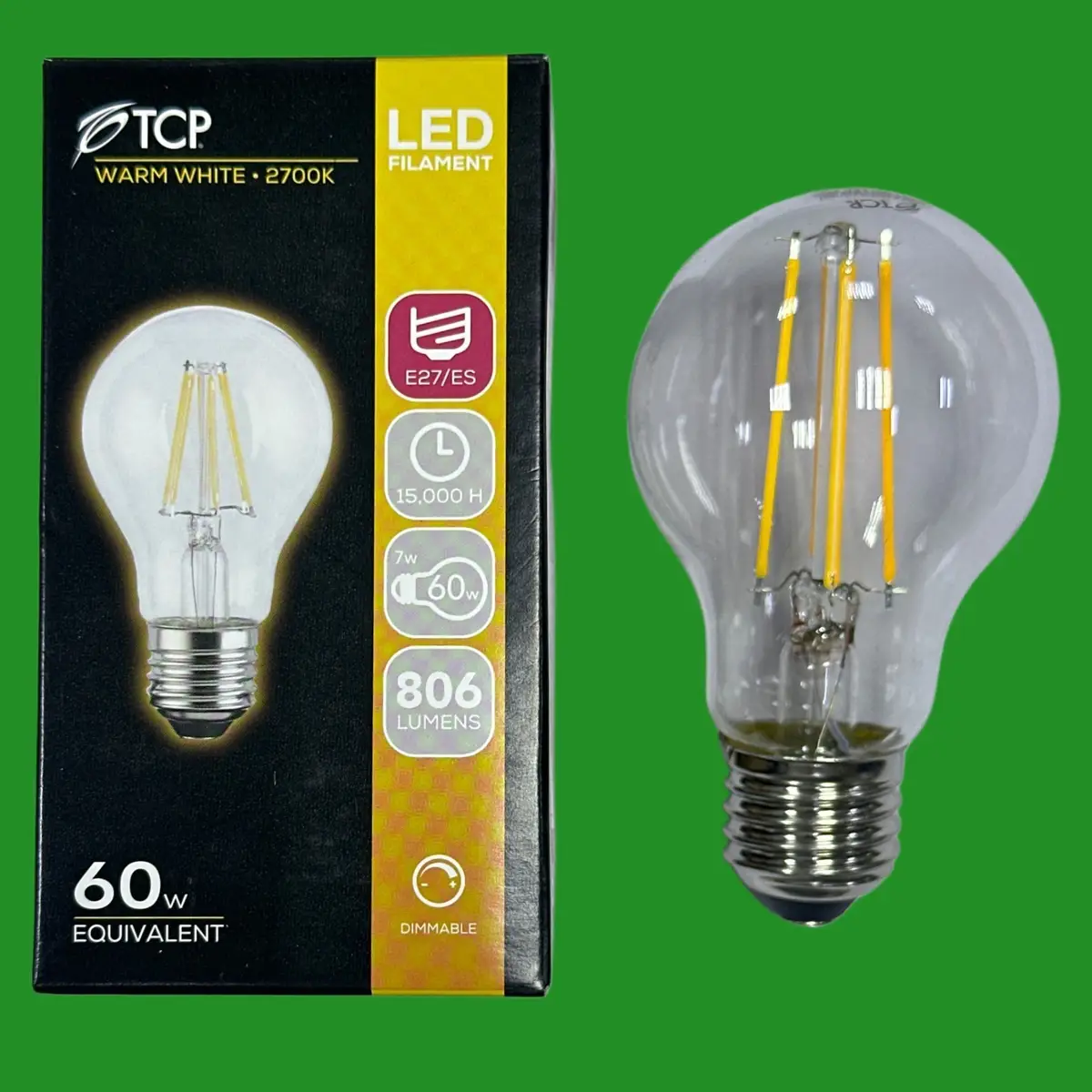 1x 7W (=60W) TCP Dimmable Clear Filament LED GLS Light Bulb Screw ES E27 2700K