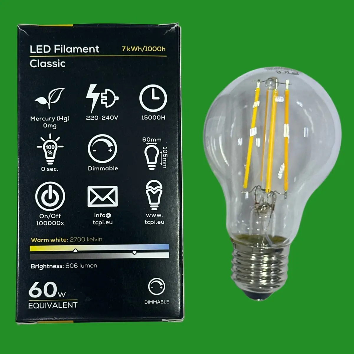 1x 7W (=60W) TCP Dimmable Clear Filament LED GLS Light Bulb Screw ES E27 2700K - image 2 | Free standard UK delivery included | Discount Quality Products