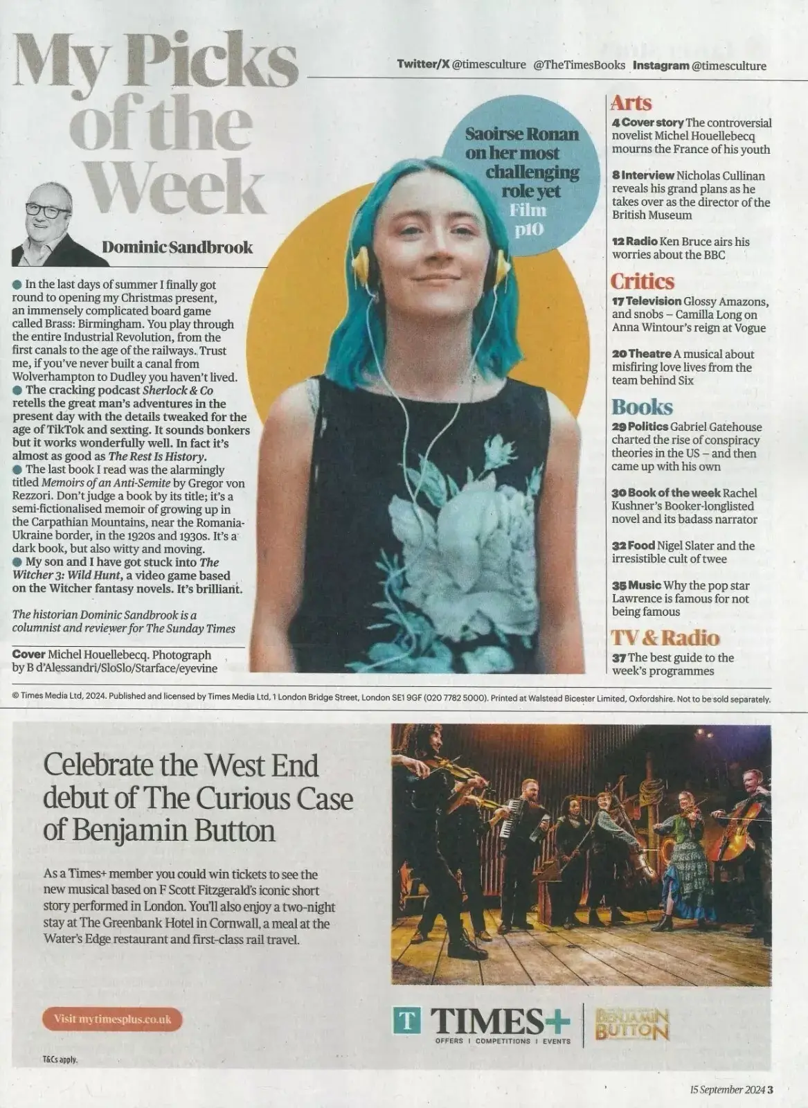Sunday Times Culture Magazine: Houellebecq, Saoirse Ronan, Cush Jumbo, 15.9.24 - image 2 | Free standard UK delivery included | Discount Quality Products