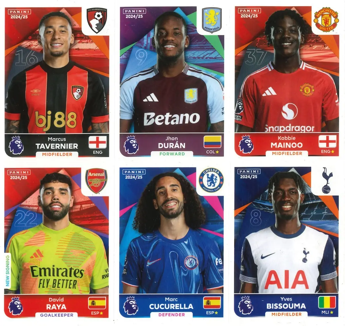 Panini Sheet of 6 Stickers, Football, Soccer, Mainoo, Raya, Premier League 2025