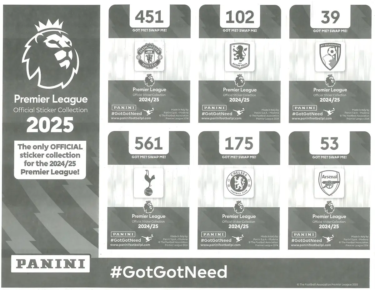 Panini Sheet of 6 Stickers, Football, Soccer, Mainoo, Raya, Premier League 2025 - image 2 | Free standard UK delivery included | Discount Quality Products