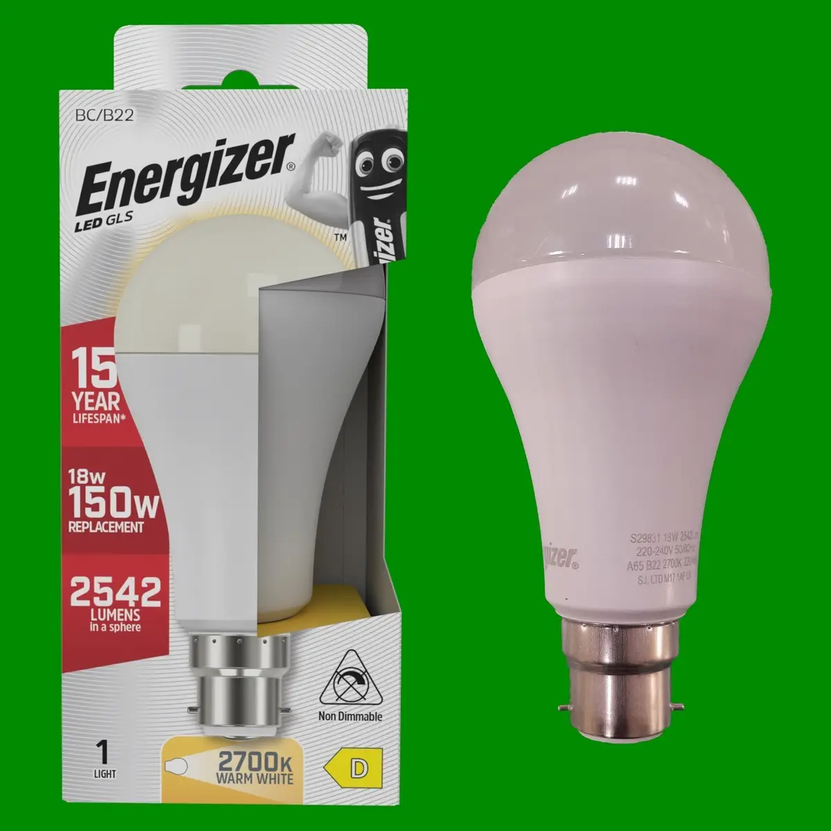 6x 18W (=150W) Energizer GLS BC B22 LED Light Bulb Lamp, 2700K Warm White 2542Lm