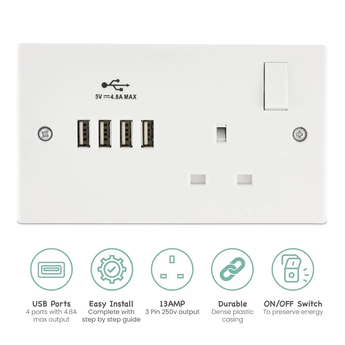 White 2 Gang, Single 13A Switched UK Mains Socket & 4x 4.8A USB Charging Ports - image 3 | Free standard UK delivery included | Discount Quality Products