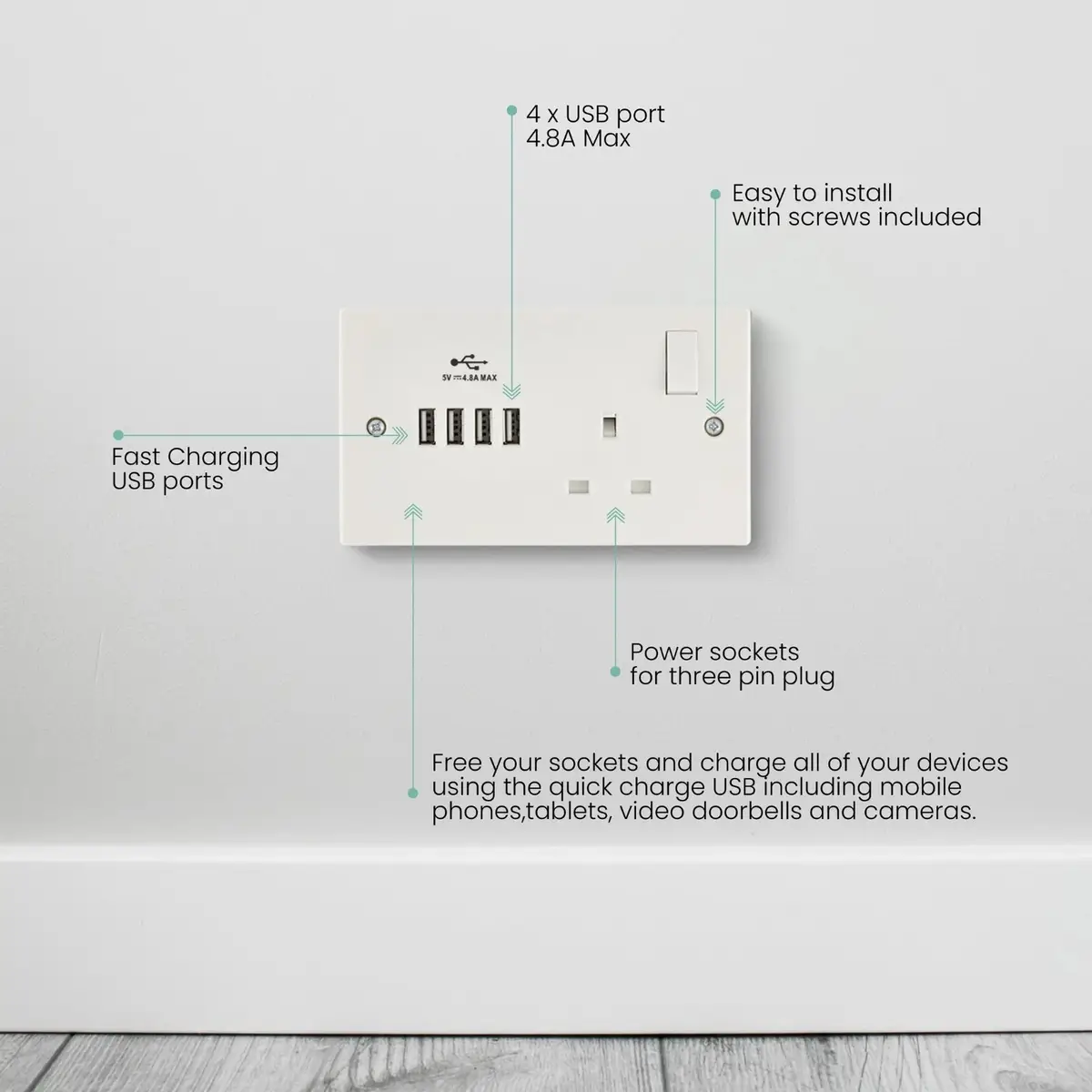 White 2 Gang, Single 13A Switched UK Mains Socket & 4x 4.8A USB Charging Ports - image 4 | Free standard UK delivery included | Discount Quality Products
