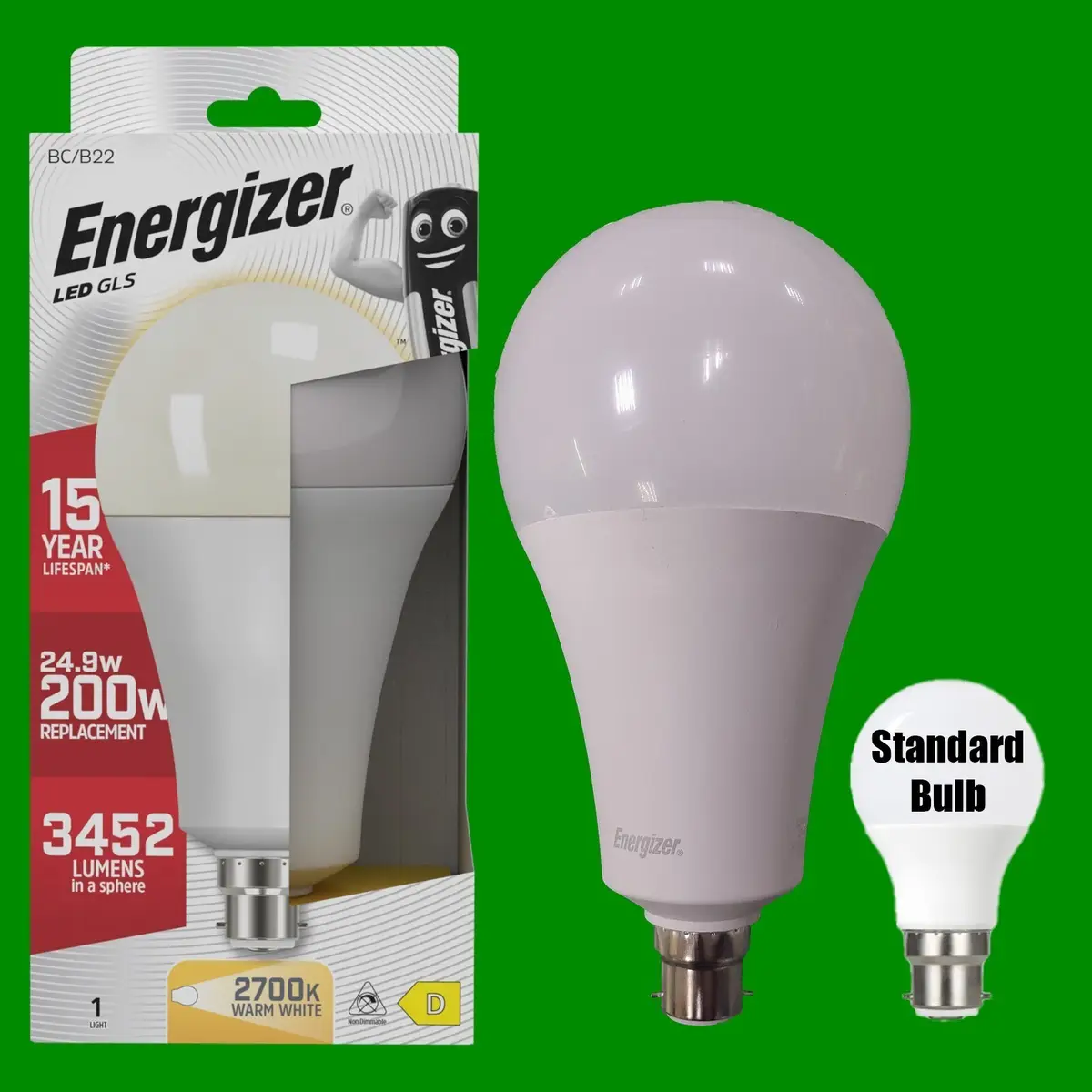6x 24.9W (=200W) Energizer Large 110mm GLS BC B22 LED Light Bulb Lamp 2700K
