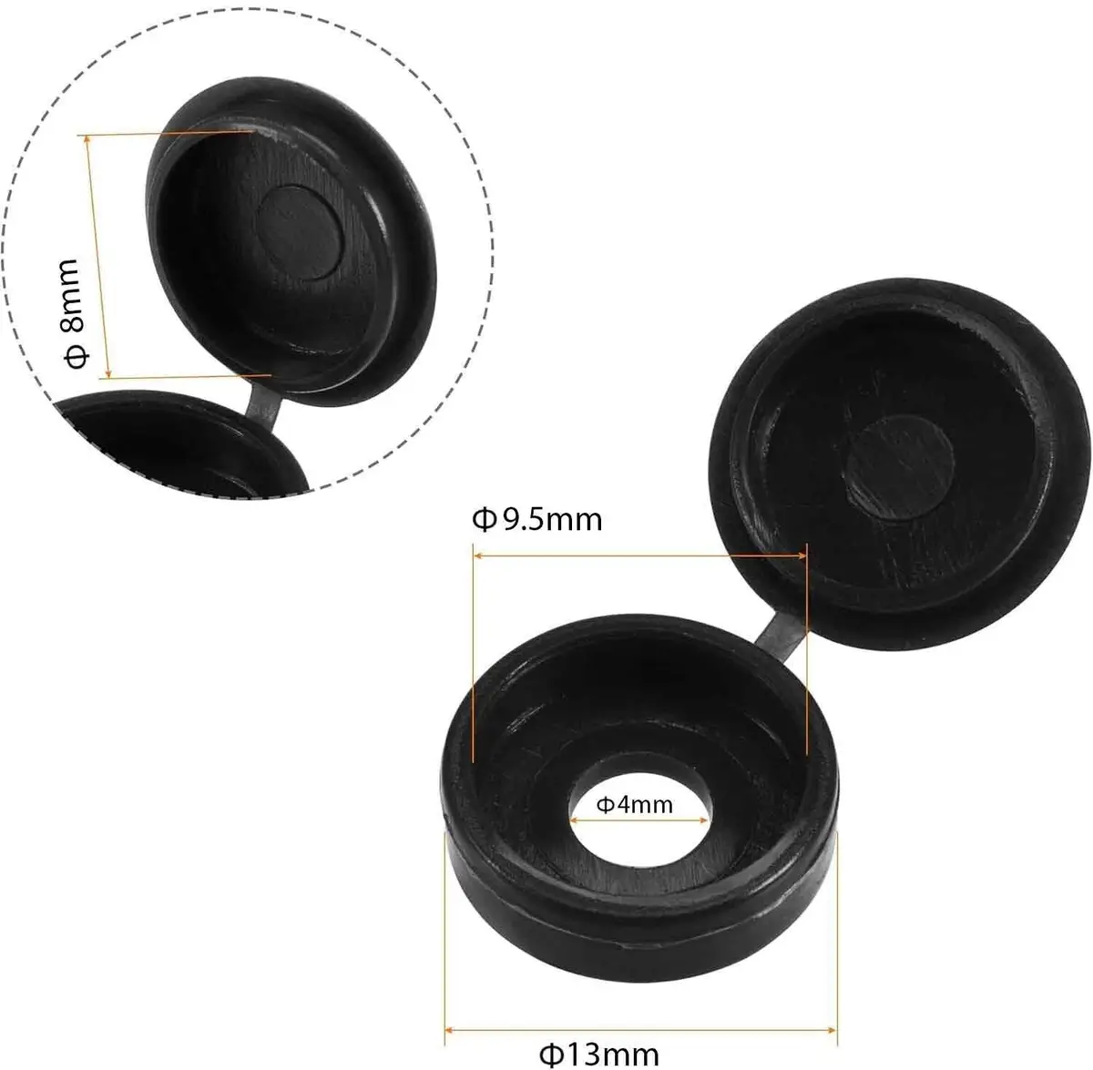 25x Black Plastic Hinged Screw Cover Caps Ø 4mm Hole, Fold Snap Washer, Cabinet - image 2 | Free standard UK delivery included | Discount Quality Products