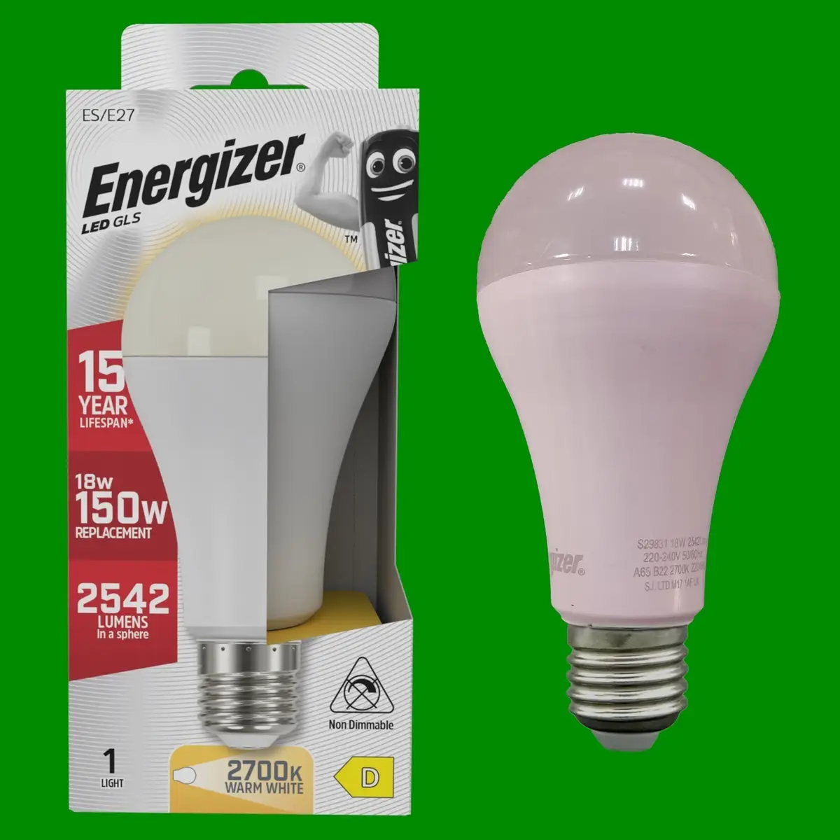 6x 18W (=150W) Energizer GLS ES E27 LED Light Bulb Lamp, 2700K Warm White 2542Lm