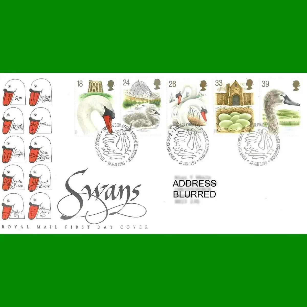 FDC Swans, Abbotsbury Swannery, Royal Mail First Day Cover Stamps, 19.1.1993