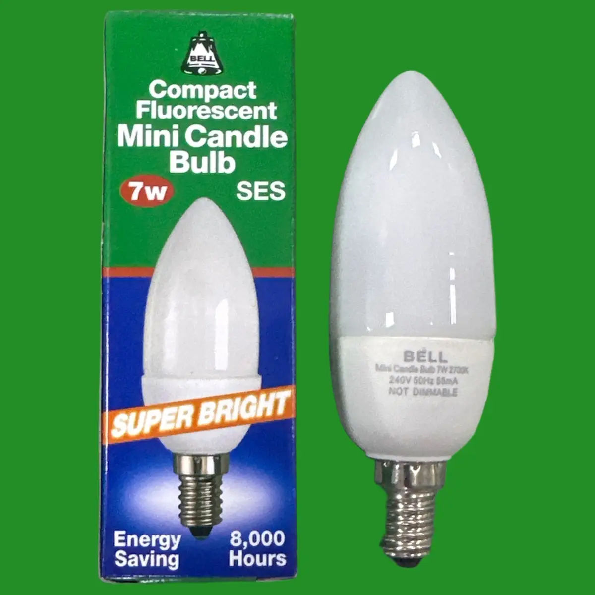 2x 7W (=40W) BELL CFL Candle Light Bulbs Low Energy SES E14 Small Screw Lamp