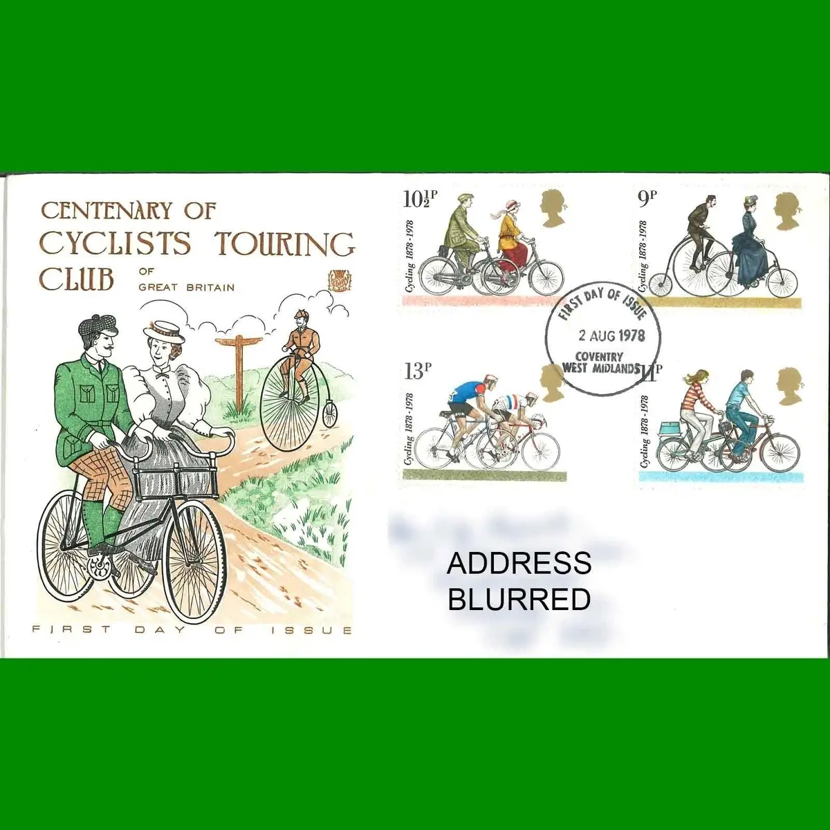 FDC Cycling Centenary Commemorative Post Office First Day Cover Stamps, 2.8.1978